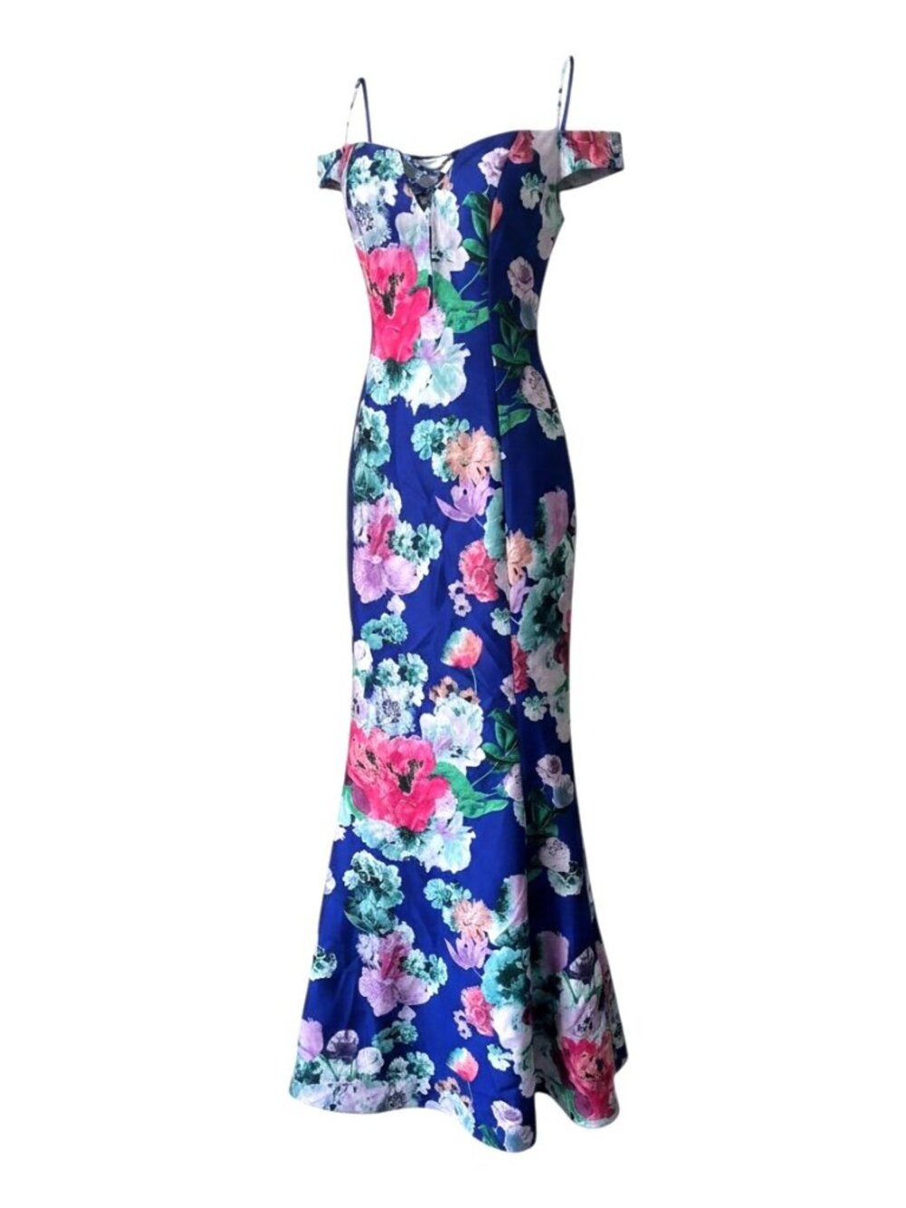 My Michelle Blue Floral Off Shoulder Mermaid Evening Gown Dress Size 1